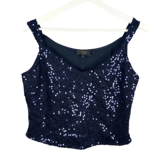 Tahari ASL Luxe Navy Satin Sequin Cropped Blouse 8P - Picture 1 of 7